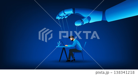 Artificial Intelligence Control Concept with Robot Hand Manipulating Human Worker, AI Power Over Humanity, Technology Domination, Ethical AI, Automation and Human Control Background Artificial Intelligence Control Concept with Robot Hand Manipulating Human Worker, AI Power Over Humanity, Technology Domination, Ethical AI, Automation and Human Control Background 138341218