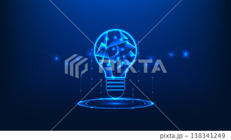 Technology background featuring a glowing light bulb inside a high-tech circular interface, symbolizing innovation, smart ideas, digital solutions, creativity, research development, future advancement 138341249