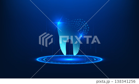 Dental medical technology concept featuring a tooth integrated with digital circuit patterns, representing advanced oral treatment, smart dentistry, healthcare innovation, and modern dental technology 138341256