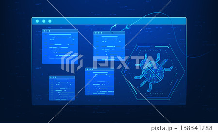 Cyber security technology background featuring a digital bug and phishing hook on a screen, symbolizing malware threats, phishing attacks, data theft, hacking risks, online security protection. 138341288