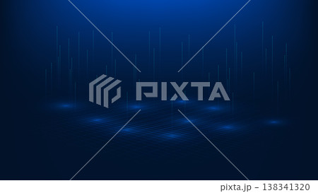 Deep tech background with glowing data lines rising from the surface, visualizing powerful data flow, big data processing, AI networks, digital transformation, information technology 138341320