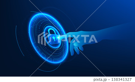 Quantum cybersecurity hand pressing a lock icon inside a high-tech circular interface, representing advanced data protection, quantum encryption, digital security systems, and cyber threat prevention. 138341327