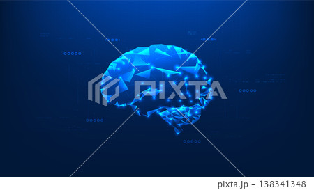 Abstract technology background AI brain with connected data nodes and flowing information lines, representing artificial intelligence, neural networks, machine learning, and advanced data processing 138341348