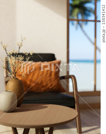 Flower vase on round wooden table and black armchair in a room with beach and sea view over window. Flower vase on round wooden table and black armchair in a room with beach and sea view over window. 138341412