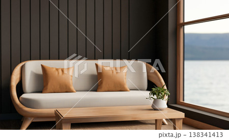 Wooden sofa and table aside black slats wall in a room with a sea or river view through glass window 138341413
