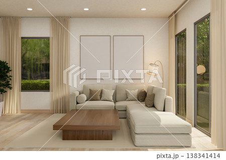 White frame over sofa couch and wooden table on carpet aside glass wall window in modern living room White frame over sofa couch and wooden table on carpet aside glass wall window in modern living room 138341414