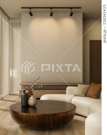 Spotlight lamp on wall over round wooden table and curved sofa with sunlight through window curtain. 138341415