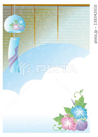 暑中見舞い・残暑見舞いのハガキテンプレート 風鈴と朝顔の和風イラスト　デザイン　背景 138342010