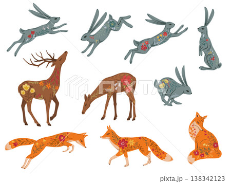 Set of vector illustrations of ornate forest animals. Deer, hares, foxes in folk style. 138342123