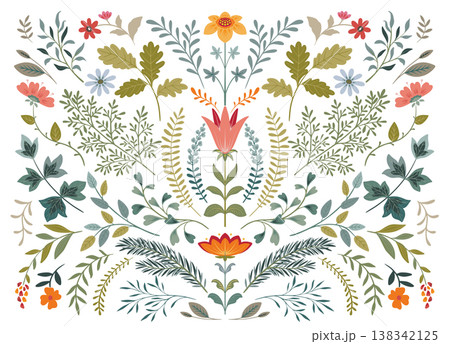 Vector collection of colorful beautiful flowers, plants. Folk art floral set. 138342125