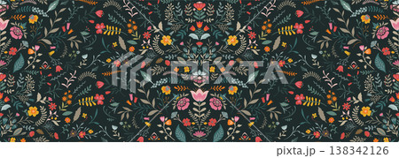 Vector seamless pattern with ornate flowers and plants. Folk art floral natural endless background. 138342126