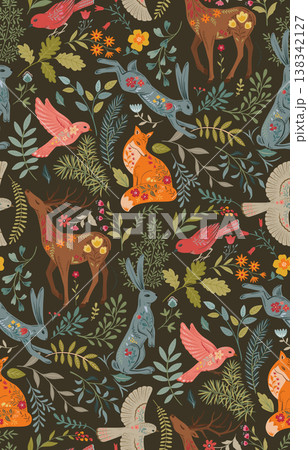Vector seamless pattern with ornate forest animals, butterflies, flowers, plants forest tree branches. Folk art floral natural endless background. Vector seamless pattern with ornate forest animals, butterflies, flowers, plants forest tree branches. Folk art floral natural endless background. 138342127