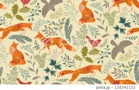 Vector seamless pattern with ornate foxes, butterflies, flowers, plants forest tree branches. Folk art floral natural endless background. 138342132