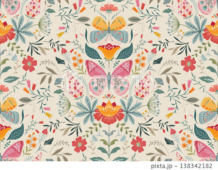 Vector seamless pattern with ornate butterflies, flowers and plants. Folk art floral natural endless background. Vector seamless pattern with ornate butterflies, flowers and plants. Folk art floral natural endless background. 138342182