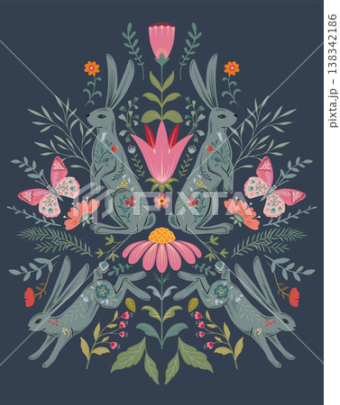 Vector Folk Nordic art posters template with animals and plants. Hares in the forest. Modern trendy minimal style. Hand drawn design for wall decor, print, postcard, cover, banner 138342186