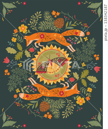 Vector Folk Nordic art posters template with animals and plants. Foxes in the forest. Modern trendy minimal style. Hand drawn design for wall decor, print, postcard, cover, banner 138342187