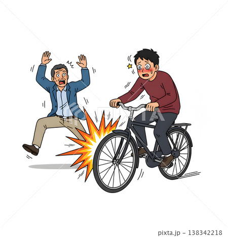 飲酒運転の自転車がフラフラと歩行者に突っ込む事故シーンイラスト（マンガ風） 138342218