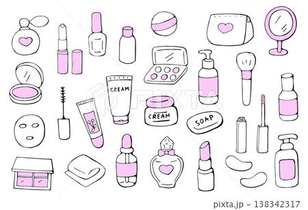 Hand drawn cosmetics doodle set, beauty makeup icons collection sketch illustration 138342317