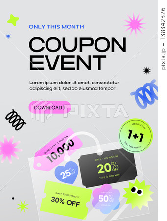 Modern Coupon Event Banner with Neon Discount Vouchers and Abstract Shapes on Light Gray Background 138342326