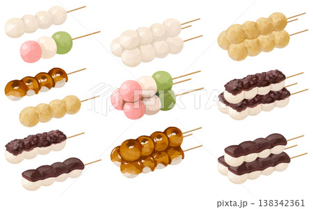 日本の伝統的なお団子セット(白玉団子・みたらし団子・三色団子・あんこ団子・きなこ団子) 138342361