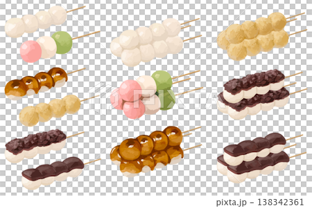 日本の伝統的なお団子セット(白玉団子・みたらし団子・三色団子・あんこ団子・きなこ団子) 138342361