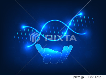 Medical technology background featuring a prominent hand holding DNA, symbolizing the cutting-edge advancements in modern medicine 138342448