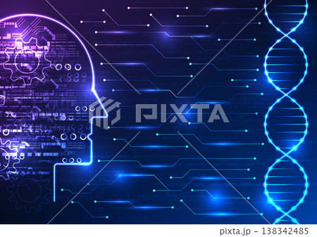 Medical technology and artificial intelligence in a captivating image. Witness the DNA structure connected to an AI brain through a circuit board, with a mesmerizing numerical code backdrop 138342485