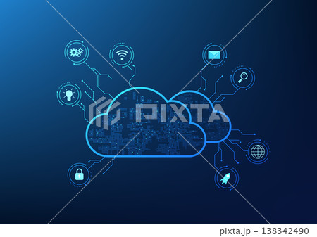 Cloud technology cloud storage Compilation of cyber via internet signal Overlapping clouds connected to network icons 138342490
