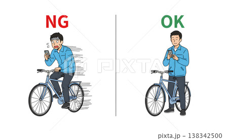 スマホ運転NGvs止まってスマホ確認OKの自転車マナー対比イラスト（マンガ風） 138342500