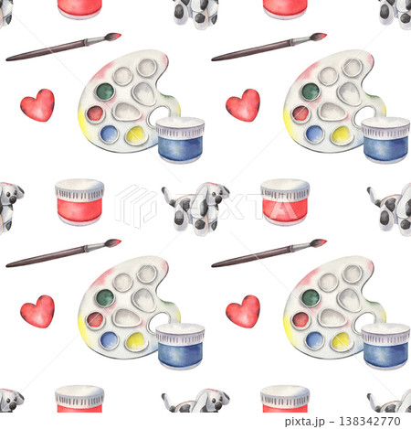 Seamless pattern, palette, paintbrush, paints, heart, clay dog, watercolor illustration isolated on white. Design for art supplies branding, stationery, packaging, textiles, educational material 138342770