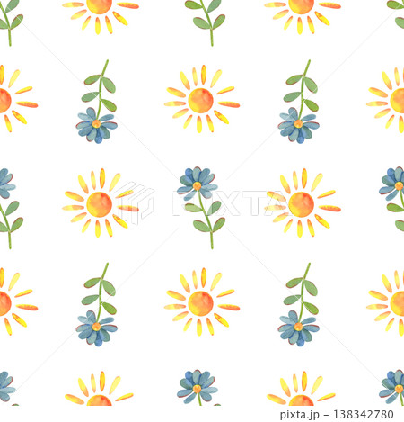 Hand-painted watercolor pattern with childlike sun and blue flower on white background. Playful, warm, minimal design perfect for printing, kids products, nursery decor, textiles, stationery, branding Hand-painted watercolor pattern with childlike sun and blue flower on white background. Playful, warm, minimal design perfect for printing, kids products, nursery decor, textiles, stationery, branding 138342780
