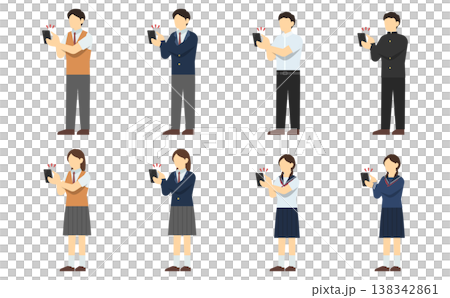 フラットイラスト:スマートフォンを操作する学生セット フラットイラスト:スマートフォンを操作する学生セット 138342861