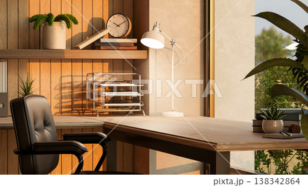 Desk lamp on wooden table and leather chair aside shelf with hot sunlight through glass wall window. 138342864