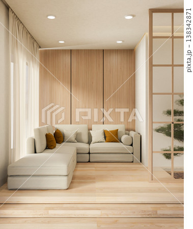 Grey fabric sofa aside wooden wall and pine tree on raised floor and sunlight through window curtain Grey fabric sofa aside wooden wall and pine tree on raised floor and sunlight through window curtain 138342871