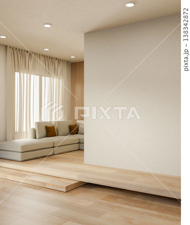 Grey sofa and window curtain in corner aside white wall on raised wooden floor with natural sunlight Grey sofa and window curtain in corner aside white wall on raised wooden floor with natural sunlight 138342872
