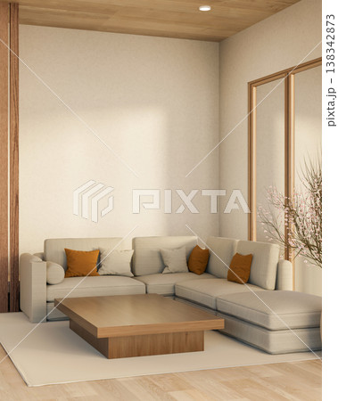 Grey fabric sofa and wooden table on carpet floor aside flower vase and white wall in cosy living room Grey fabric sofa and wooden table on carpet floor aside flower vase and white wall in cosy living room 138342873
