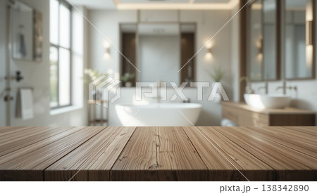 Close-up of a textured wooden tabletop with a blurred background of a modern, bright, and luxurious spa-style bathroom. Close-up of a textured wooden tabletop with a blurred background of a modern, bright, and luxurious spa-style bathroom. 138342890