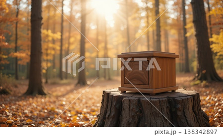 Elegant wooden chest with detailed grain resting on a tree stump in a sunlit autumn forest with golden leaves. Elegant wooden chest with detailed grain resting on a tree stump in a sunlit autumn forest with golden leaves. 138342897