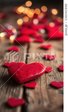 Red glittery hearts scattered on a rustic wooden table with soft golden bokeh lights in the background. 138342898