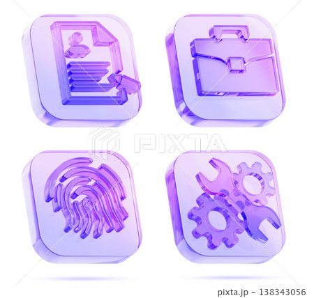 3d crystal holographic square buttons with touch id fingerprint scanner, pen filling resume, briefcase, wrench gears. Business HR glass icon set, cv personal profile, identity service. 3D illustration 3d crystal holographic square buttons with touch id fingerprint scanner, pen filling resume, briefcase, wrench gears. Business HR glass icon set, cv personal profile, identity service. 3D illustration 138343056
