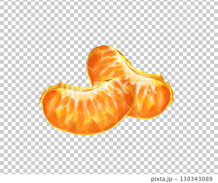 Two juicy tangerine slices are hand-drawn on an isolated background. Watercolor illustration of pieces of ripe fruit. Realistic clipart for the design of healthy food branding, organic juice labels 138343089