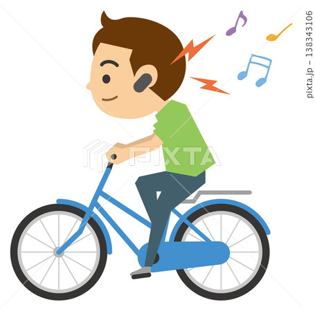 イヤホンで音楽を聴きながら自転車を運転する男性のイメージイラスト 138343106