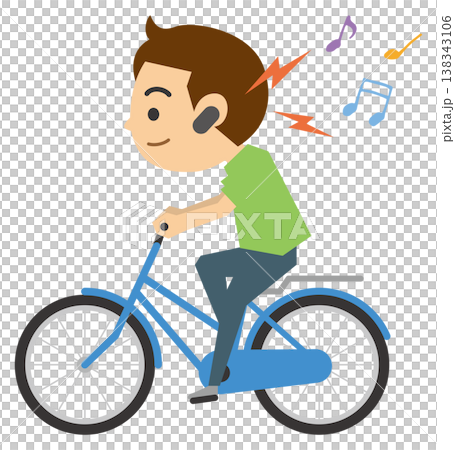 イヤホンで音楽を聴きながら自転車を運転する男性のイメージイラスト 138343106