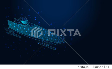 Abstract low poly wireframe bobsleigh with athlete on dark blue background. Abstract low poly wireframe bobsleigh with athlete on dark blue background. 138343124