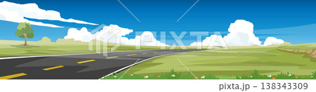 Vector or Landscape view of asphalt road on a curved hill. A low hill rises above a lush green meadow. With alone of tree on hills. Under blue sky and white clouds for banner background. Vector or Landscape view of asphalt road on a curved hill. A low hill rises above a lush green meadow. With alone of tree on hills. Under blue sky and white clouds for banner background. 138343309