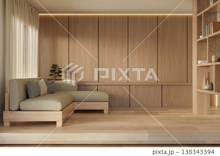 Fabric sofa and bookshelf with wood wall on raised floor and sunlight through curtain in living room Fabric sofa and bookshelf with wood wall on raised floor and sunlight through curtain in living room 138343394