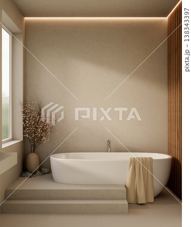 White tub with towel draped over edge and flower vase on steps over tiles floor in a modern bathroom 138343397