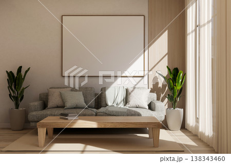 White frame over grey sofa and wooden table on carpet with sunlight through curtain in a living room White frame over grey sofa and wooden table on carpet with sunlight through curtain in a living room 138343460