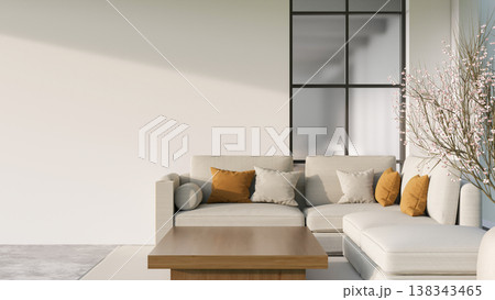 Grey fabric sofa and wooden table on carpet floor aside pink flower in vase in a white wall living room Grey fabric sofa and wooden table on carpet floor aside pink flower in vase in a white wall living room 138343465