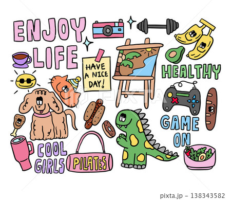 Cute hand drawn vector illustrations of puppy, cat wearing party hat, hotdog, chocolate glazed donut, dinosaur, painting stand, avocado, banana, dumbbell, camera, game console, pilates bag, salad bowl 138343582